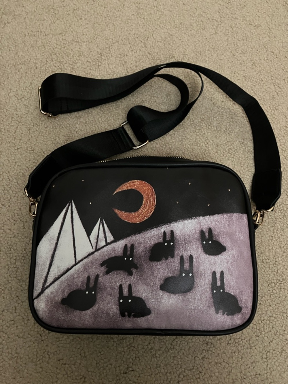 Goth Demon moon bunny crossbody bag, unique artsy design, macabre sketched art - Picture 4 of 15